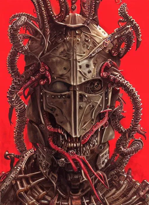 Image similar to portrait of rotten Nicolas Cage as adeptus mechanicus in red hood and robe from Warhammer 40000, mechanical tentacles. Highly detailed, artstation, illustration by and John Blanche and zdislav beksinski and wayne barlowe