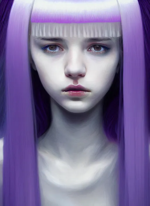 Image similar to hair whitebangs hair, black hair, whitebangs, portrait of teenage girl with white bangs, red irises, purple clothes, white bangs, bangs are different color from hair, intricate, elegant, glowing lights, highly detailed, digital painting, artstation, concept art, smooth, sharp focus, illustration, art by wlop, mars ravelo and greg rutkowski