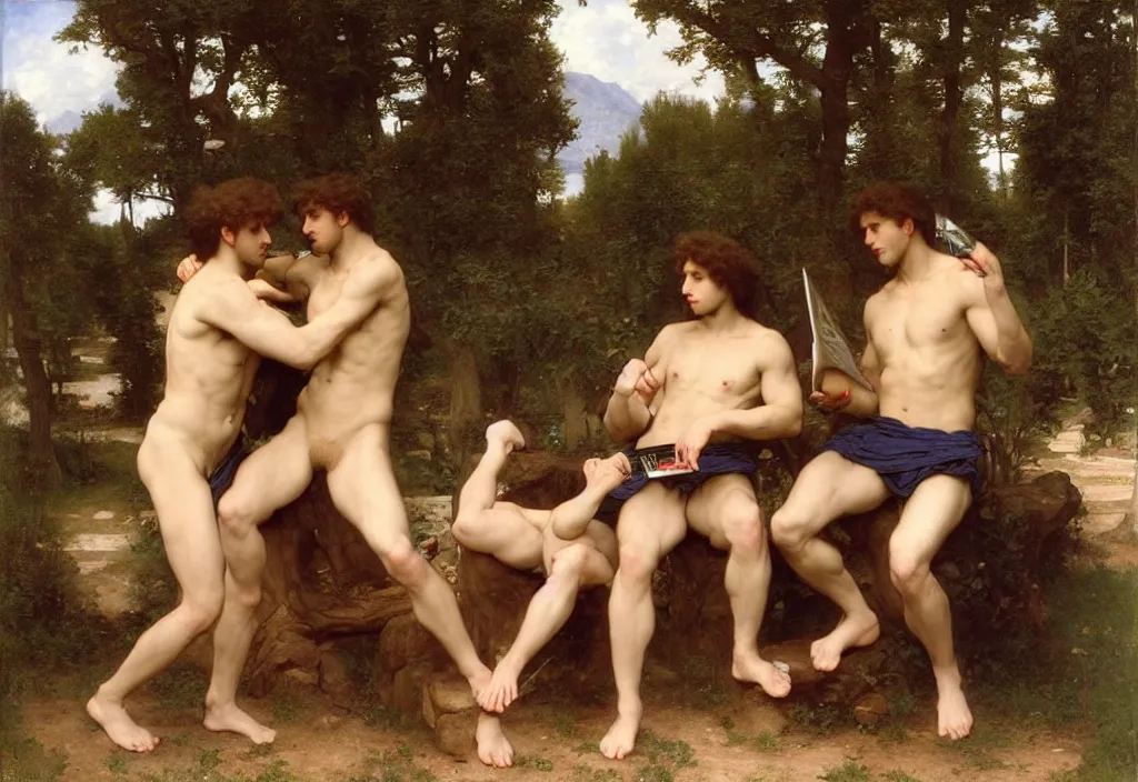 Image similar to pre-Raphaelite male muscular athletic gamers playing games on laptops by Bouguereau