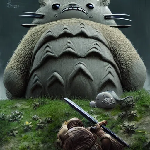 Image similar to totoro jedi slaying with lord, intricate detail, royo, klimt, miro, vallejo, frazetta, giger, whealan, hd, unreal engine,