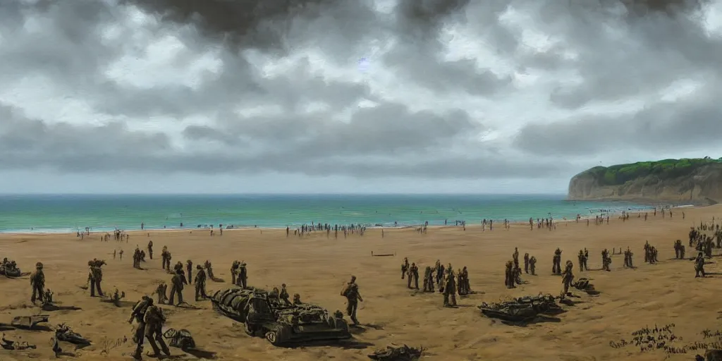 Prompt: omaha beach, ww 2, matte painting, oil painting, painting