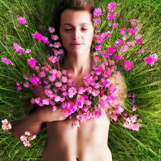 Image similar to realistic photo human body made of pink wild flowers