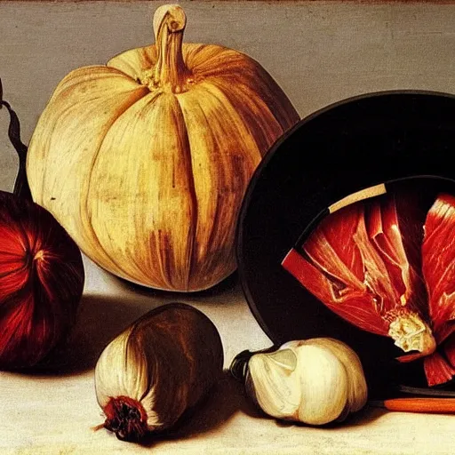 Image similar to a caravaggio painting of kimchi ingredients
