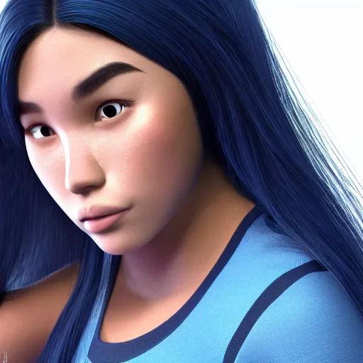 Image similar to young beautiful athletic Filipino woman with long hair posing, depicted as adult Pixar character, high quality cg render, 4k