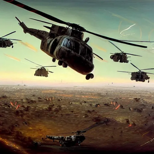 Image similar to a painting of soldiers falling out of a helicopter in the gulf war by Bernardo Bellotto, high detail, hyperrealistic, concept art, artstation, 8k