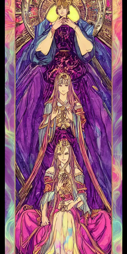 Image similar to a mystical woman priestess sitting on a throne, the divine feminine, drawn by studio UFOTABLE, psychedelic, pastel colors, Tarot cards. The empress tarot card, detailed, anime