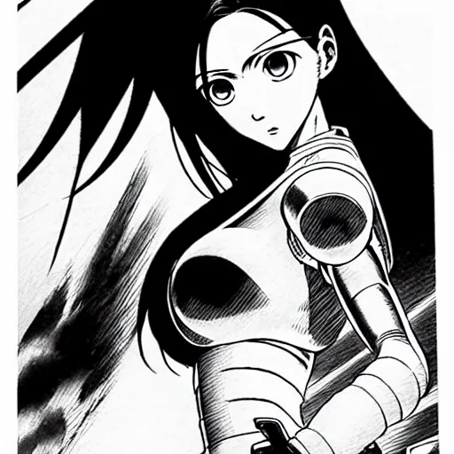 Image similar to alita by yukito kishiro. medium shot. black and white manga. pencil drawing. high detailed face