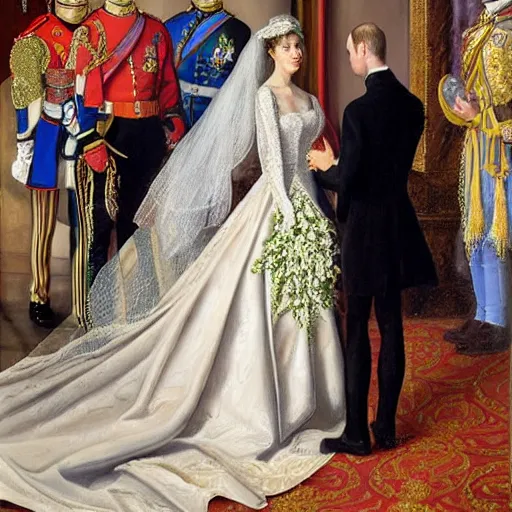 Prompt: detailed painting of prince william marrying american popstar miley cyrus, happy couple, official portrait, national portrait gallery, oil on canvas, painting