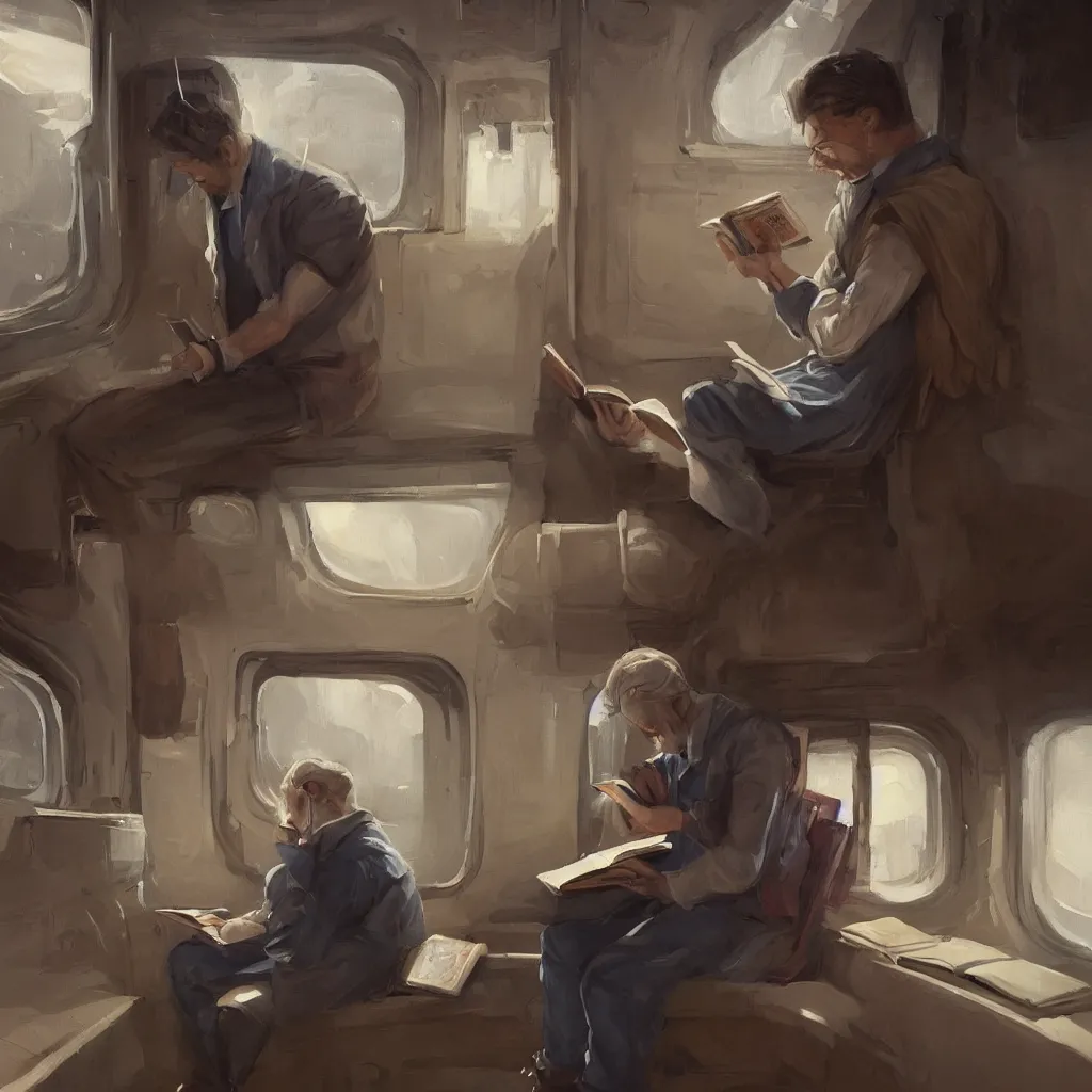 Image similar to a painting of a lone man reading a magical book while sitting in a subway car, by rutkowski and artgerm, highly detailed, trending on artstation, movie concept art, cinematic lighting