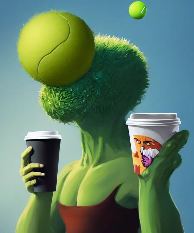 Image similar to a portrait of a tennis ball monster holding a coffee, fantasy, elegant, digital painting, artstation, concept art, matte, sharp focus, illustration, art by josan gonzalez