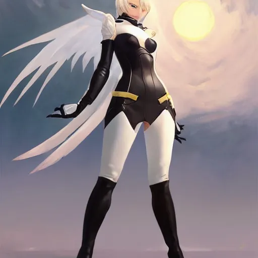 Prompt: greg manchess painting of a 2 yorha type a no. 2 as mercy from overwatch wearing skintight leather jacket in a beach, white long hair, large white wings, painting, trending on artstation, by huang guangjian and gil elvgren and sachin teng