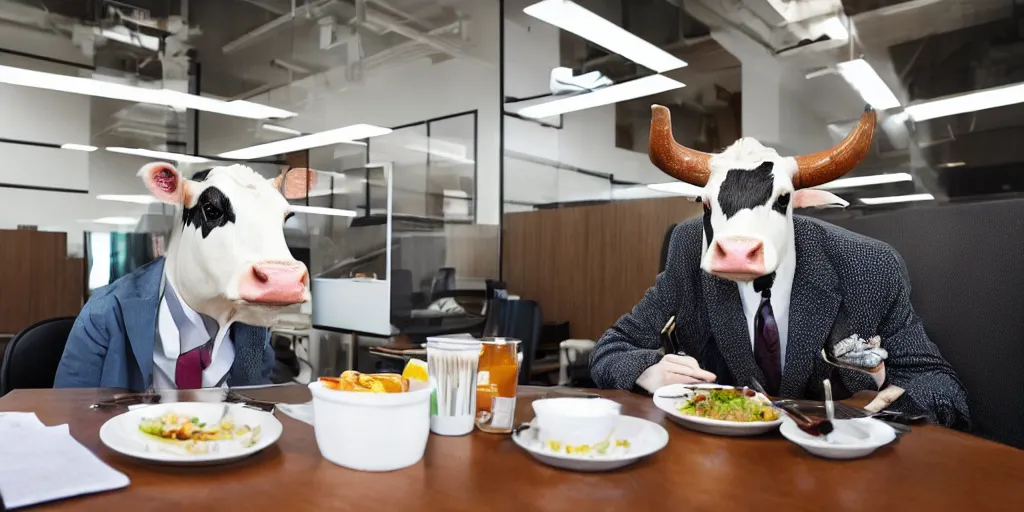 Image similar to a cow wearing a suit in an office having lunch