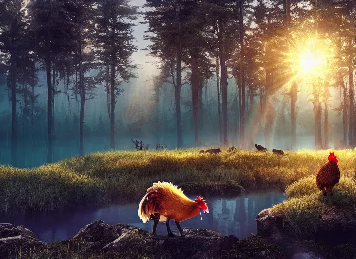 Prompt: epic crystalline forest with a lake, rooster, golden hour, misty ground, rocky ground, distant mountains, atmospheric perspective, altostratus clouds, planets, cinematic, 3 5 mm lens, anamorphic lens flare, photographic, octane render, cinematography by roger deakins, in the style of ansel adams