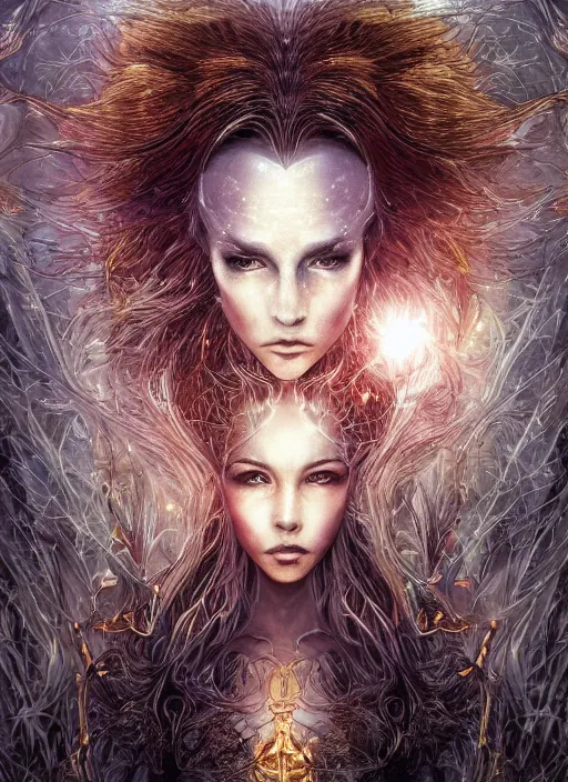 Image similar to glowing silver and golden elements, portrait, A beautiful dark witch in front of the full big moon, book cover, green forest, red white black colors, establishing shot, extremly high detail, foto realistic, cinematic lighting, pen and ink, intricate line drawings, by Yoshitaka Amano, Ruan Jia, Kentaro Miura, Artgerm, post processed, concept art, artstation, matte painting, style by eddie, raphael lacoste, alex ross