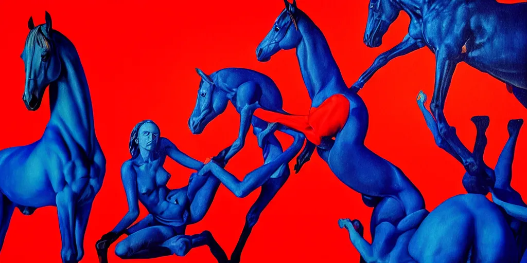 Image similar to only with blue, ney motogrosso in love with a red stallion, too many hands in all directions, in hoc signo vinces, waterfall, in the style of leonora carrington, gottfried helnwein, intricate composition, blue light by caravaggio, insanely quality, highly detailed, masterpiece, red light, artstation