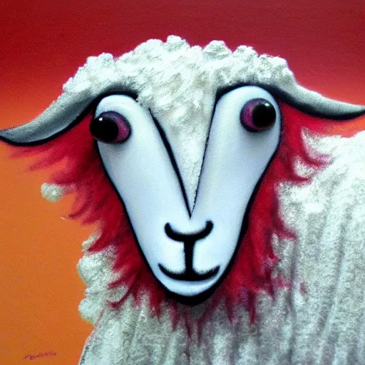 Image similar to Sheep with red whool and pointy vampire teeth, ambient lighting, highly detailed, mystic, tpg artwork