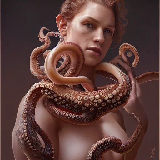 Prompt: portrait painting of octowoman, half man, half octopus, ultra realistic, concept art, intricate details, extremely detailed, photorealistic, octane render, 8 k, unreal engine. art by artgerm and greg rutkowski and alphonse mucha