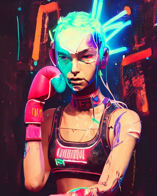 Image similar to detailed portrait Neon boxer Girl, cyberpunk futuristic neon, reflective crop top and shorts, boxing gloves, decorated with traditional Japanese ornaments by Ismail inceoglu dragan bibin hans thoma greg rutkowski Alexandros Pyromallis Nekro Rene Maritte Illustrated, Perfect face, fine details, realistic shaded, fine-face, pretty face