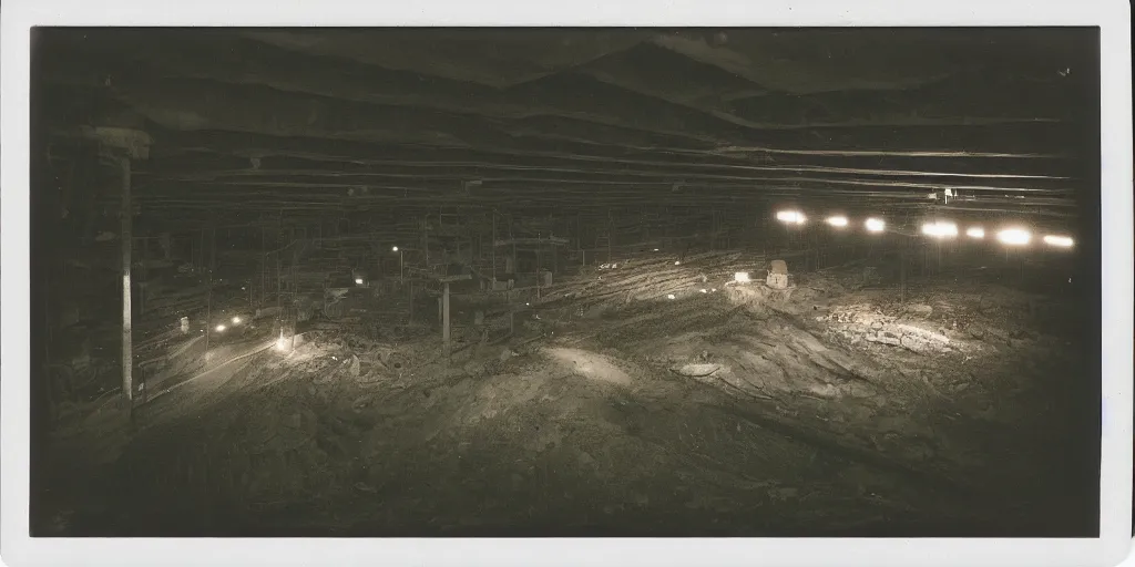 Prompt: inside a massive mine, flood lights, megalophobia, old polaroid, expired film,