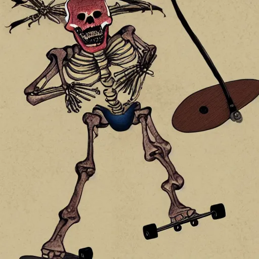 Prompt: A skeleton rides a skateboard, ukiyo-e, highly detailed, trending on artstation, 8k,