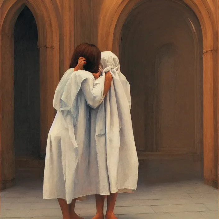 Prompt: two women hugging with a paper bag over the head, dressed in plastic bags, inside magnificent cathedral, highly detailed, artstation, art by , edward hopper, zdislav beksinski, wayne barlowe