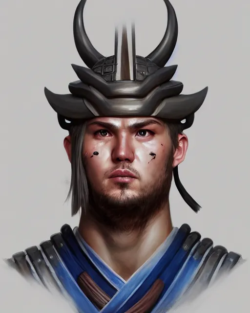 Image similar to face portrait of luka doncic as a muscular ronin samurai, wearing a haori, by wlop and peter mohrbacher, dramatic action pose, extremely detailed shading, concept art, digital painting, trending on artstation, unreal engine 5, octane render, atmosphere, glow, cinematic lighting, full of color