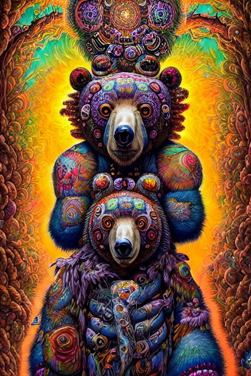 Image similar to hyper - maximalist overdetailed painting of a bear - shaman by hannahy yata caitlin hacket in the style of naoto hattori. artstation. deviantart. cgsociety. surrealism infused lowbrow style. visionary psychedelic fineart. hyperdetailed high resolution render by binx. ly in discodiffusion..