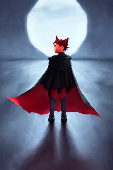 Image similar to little boy with cat ears in an black outfit with red cape. digital artwork made by lois van baarle and kentaro miura and marc simonetti, sharpness focus, inspired by hirohiko araki, anatomically correct, heroic composition, hero pose, smooth. red and black