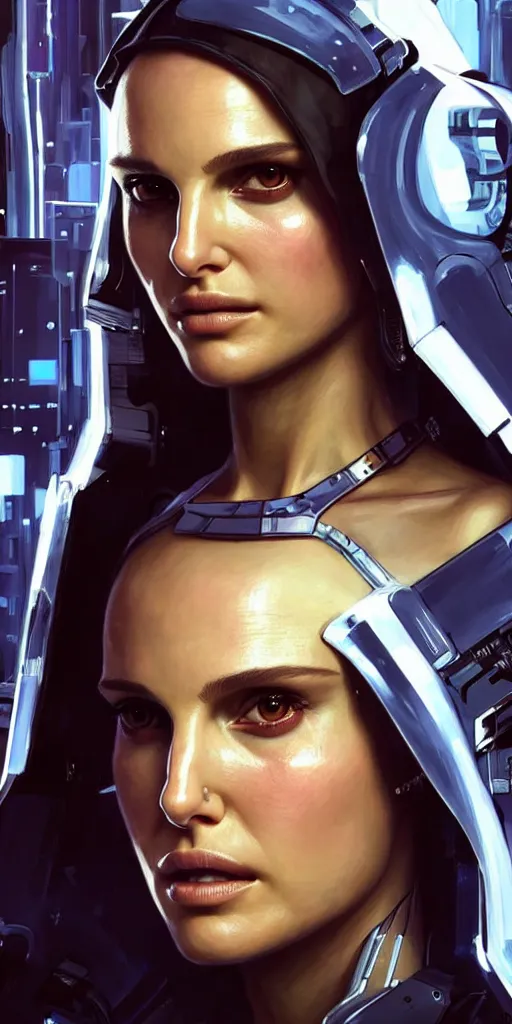 Image similar to portrait of Natalie Portman as a character in arabian Cyberpunk 2077, looking at camera, intricate, dystopian, sci-fi, extremely detailed, digital painting, artstation, concept art, smooth, sharp focus, illustration, intimidating lighting, incredible art by artgerm and greg rutkowski and alphonse mucha and simon stalenhag