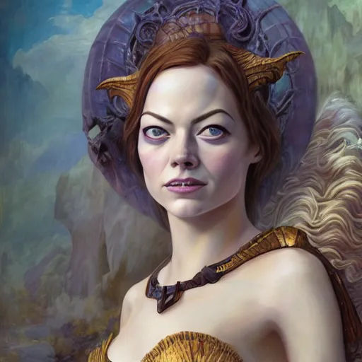 Prompt: A fantasy comic book style portrait painting of Emma Stone, as an Atlantean Reptilian Warrior, François Boucher, Oil Painting, Mystical Valkyrie, unreal 5, DAZ, hyperrealistic, octane render, Regal, Refined, Detailed Digital Art, RPG portrait, William-Adolphe Bouguereau, Michael Cheval, Walt Disney (1937), Steampunk, dynamic lighting, Highly Detailed, Cinematic Lighting, Unreal Engine, 8k, HD