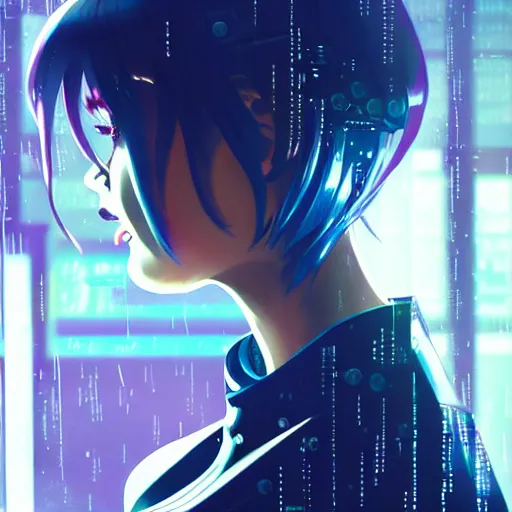 Image similar to cyberpunk anime art, refractions on lens, queen elisabeth as a beautiful cyborg girl in the style of arcane, full round face, biomechanical details, full body shot, rain, wet street, window reflections, lens flare, wlop, ilya kuvshinov, artgerm, krenz cushart, greg rutkowski