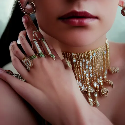Prompt: Photo of a hand Jewellery model, bold, self confidence, cinematic, focus