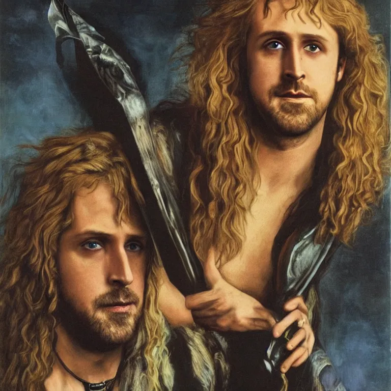 Prompt: Pre-Raphaelite portrait of Ryan Gosling as the leader of the cult 1980s heavy metal band \'Metallica\', with very long blond hair and grey eyes, high saturation