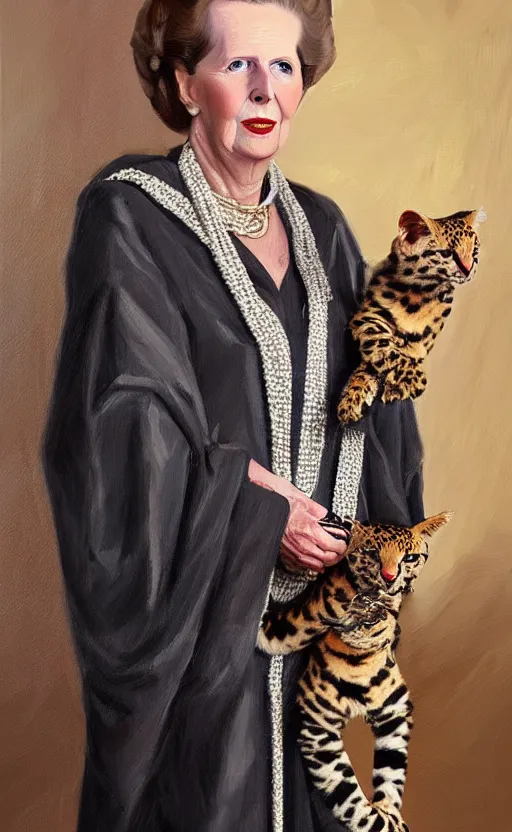 Image similar to an oil portrait of margaret thatcher in ceremonial robe keeping distressed servals in chains at her feet, high quality, artstation, higly detailed, dark lighting