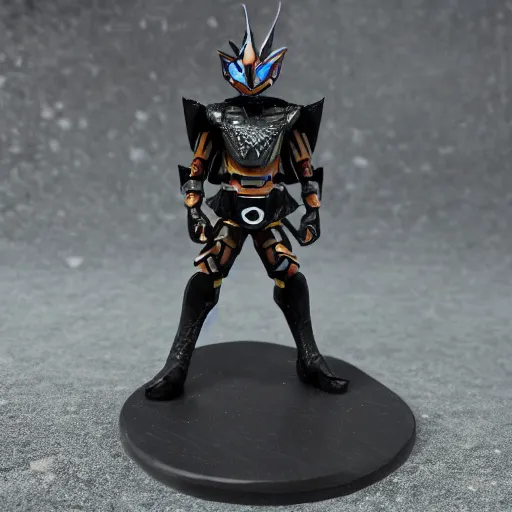 Prompt: High Fantasy Kamen Rider with a Mini Figure Gimmick, glowing eyes, moody colors, rock quarry daytime, grey rubber undersuit, segmented armor, Guyver Dark Hero