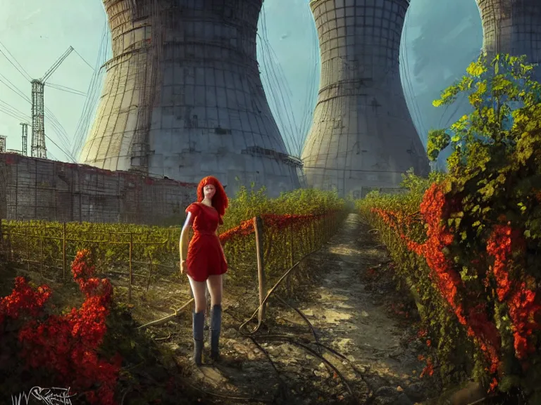 Image similar to red hair girl, chernobyl powerplant!!!, rubble, ruins!!, flowers, vines, hyperrealistic, highly detailed, cinematic, single ray of golden sunlight, beautiful, cgssociety, artstation, 8 k, oil painting by greg rutkowski, by artgerm, by wlop