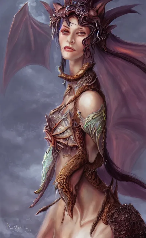 Image similar to portrait of a fantasy dragon kin woman, beautiful scenery, art station, concept art