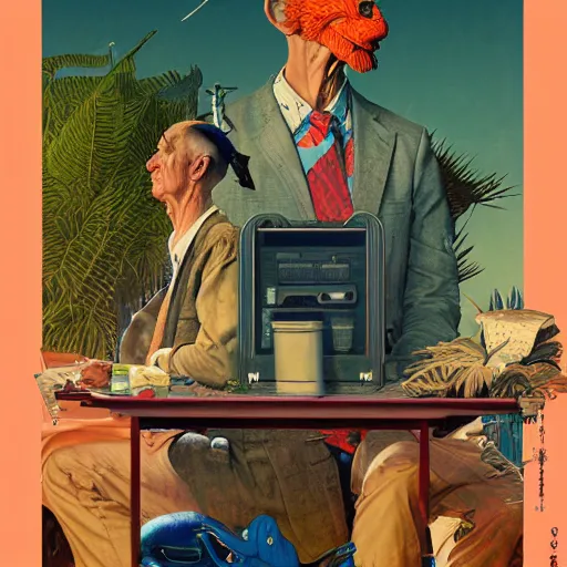 Prompt: man stealing energy from another man, by norman rockwell and james jean, greg hildebrandt, triadic color scheme, by greg rutkowski, exotic vegetation, tristan eaton, victo ngai, realistic render, ominous, detailed