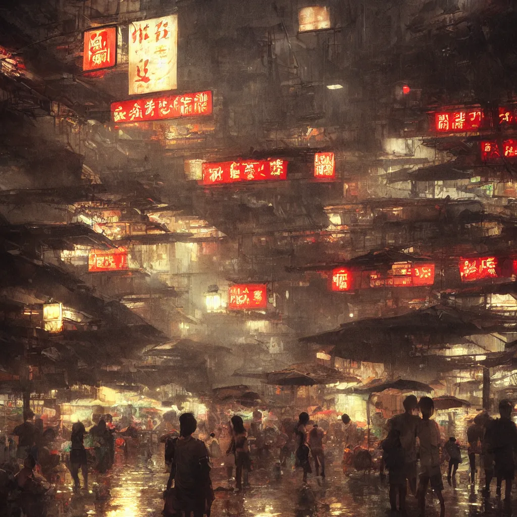 Prompt: an asian wet market at night, by greg rutkowski, cinematic lighting