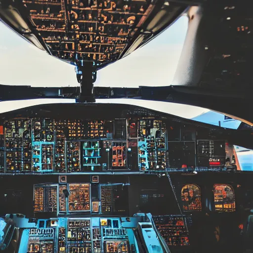 Prompt: Cat I the cockpit of a commerical airplane, photography, award-winning, 4k