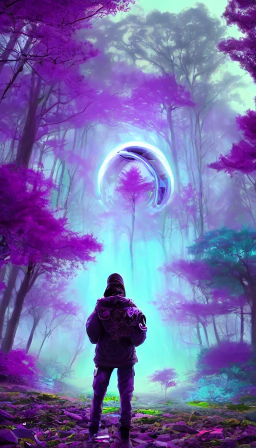 Image similar to a graffiti writer from the future on the middle of a purple forest looking to a sci fi ancient god holding a portal that's about to explode into a psychedelic realm, in the style of WLOP, oil painting, epic, fantasy, hyper detailed, smooth, Unreal Engine 5, sharp focus, ray tracing