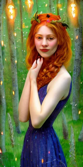 Prompt: young woman, serene smile, surrounded by firefly lights, full covering intricate detailed dress, amidst nature, long red hair, precise linework, accurate green eyes, small nose with freckles, beautiful smooth oval shape face, empathic, expressive emotions, dramatic lights, hyper realistic ultrafine art by artemisia gentileschi, jessica rossier, boris vallejo
