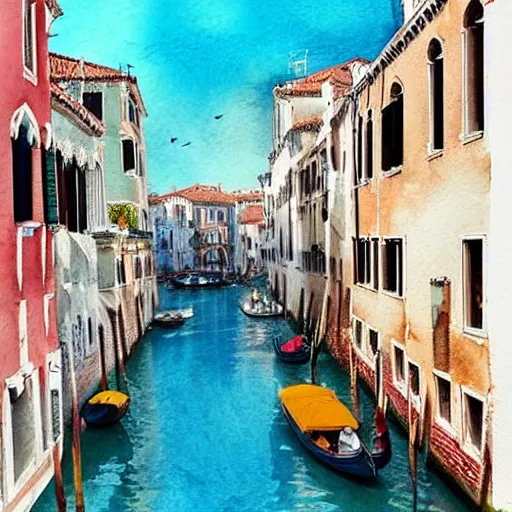 Prompt: beautiful watercolor delicate painting of venice canal with boats