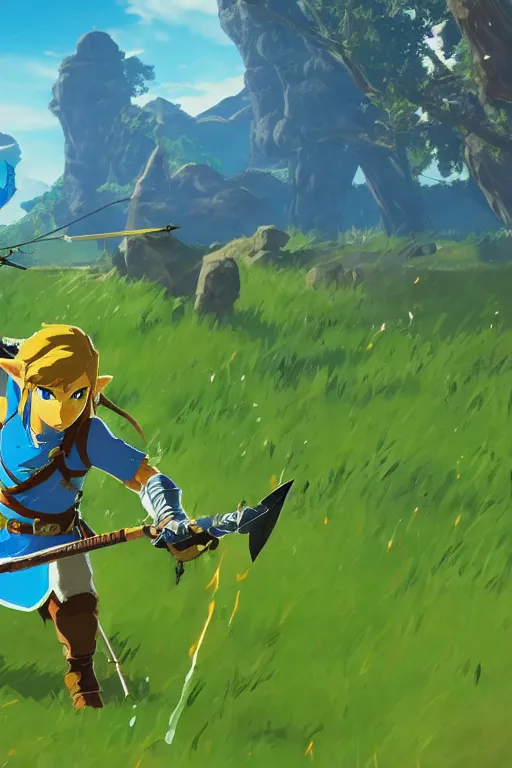 Prompt: in game footage of link from the legend of zelda breath of the wild firing an exploding arrow, breath of the wild art style.