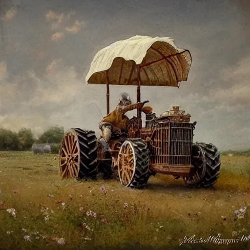 Image similar to ( ( ( ( ( the medieval king riding royal farm tractor, fully ornated with intricate gold and jewels. muted colors. ) ) ) ) ) high resolution, high quality, by jean - baptiste monge!!!!!!!!!!!!!!!!!!!!!!!!!!!