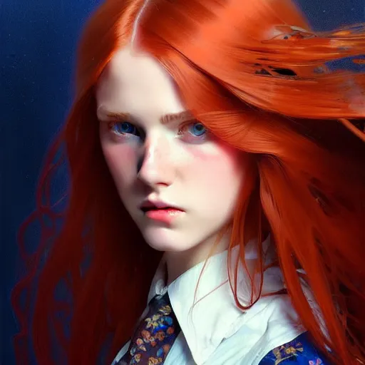 Prompt: portrait of teenage girl with long glossy red hair, blue eyes, fashion model features, fantasy, intricate, elegant, dress shirt and tie, highly detailed, digital painting, artstation, concept art, smooth, sharp focus, illustration, art by Krenz Cushart and Artem Demura and alphonse mucha