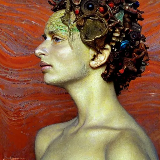 Image similar to a sculpture portrait made of shells and coral and sand and seaweed, painting part by wojciech siudmak, part by ilya repin, part by max ernst, part by norman rockwell, artstation