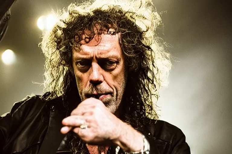 Prompt: promotional image of hugh laurie as an 80's heavy metal singer in a new movie, long curly hair, detailed face, movie still frame, promotional image, imax 70 mm footage