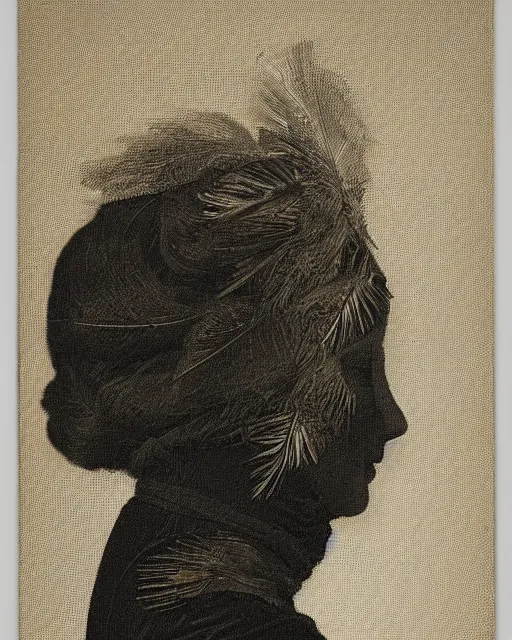 Prompt: a woman's face in profile, made of bird feathers, in the style of the dutch masters and gregory crewdson, dark and moody