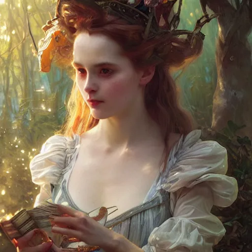 Image similar to close up portrait of alice in wonderland, magical forest, dramatic lighting, high detail, painted, by greg rutkowski, painted by stanley artgerm, painted by alphonse mucha, trending on artstation